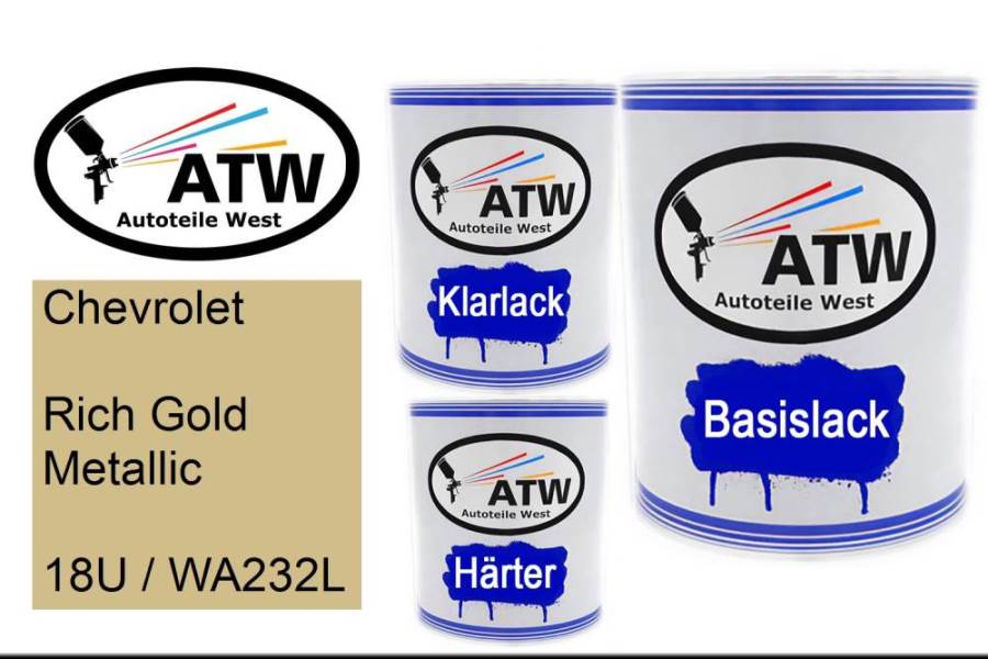 Chevrolet, Rich Gold Metallic, 18U / WA232L: 1L Lackdose + 1L Klarlack + 500ml Härter - Set, von ATW Autoteile West.